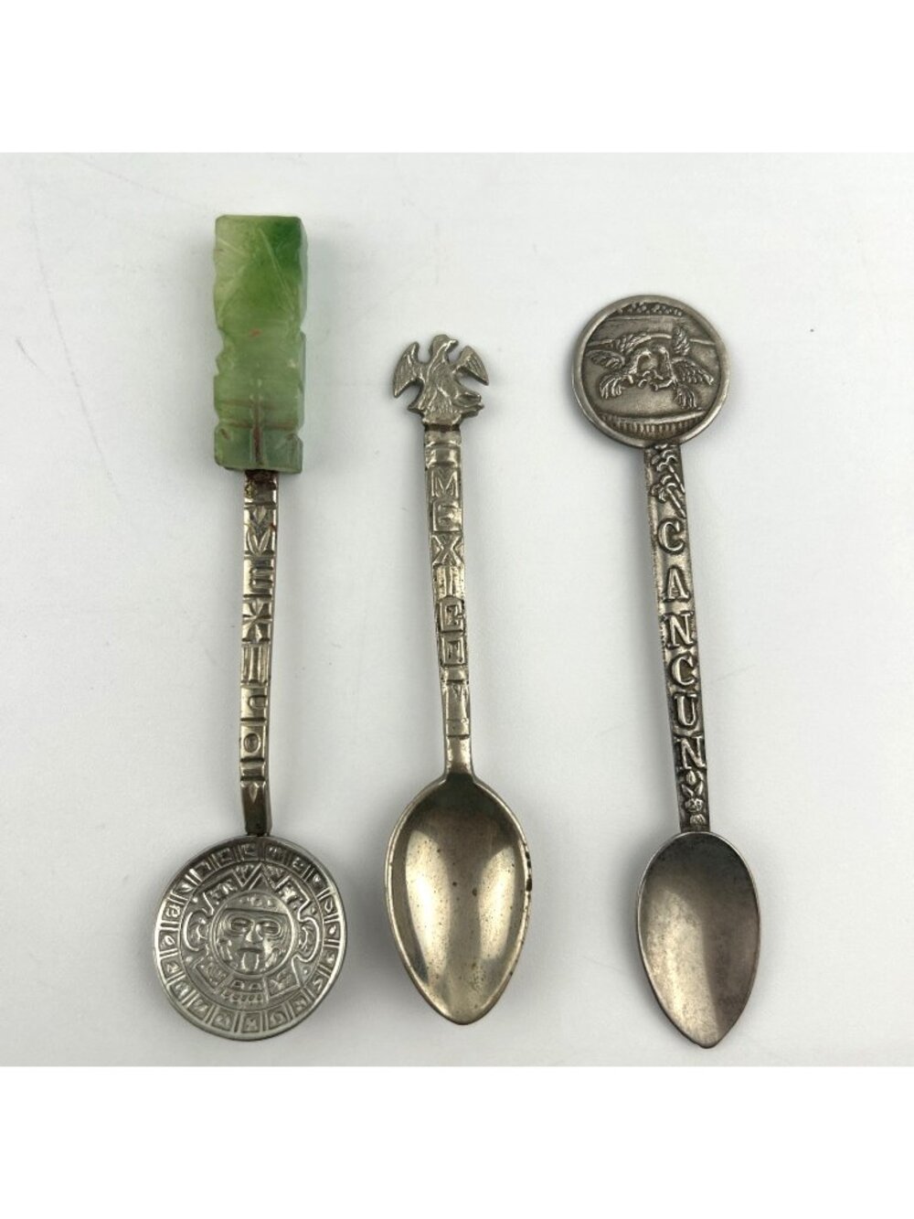Mexico Souvenir 3 Spoons - Cancun, Eagle & Jade Tiki -  Marked Alpaca